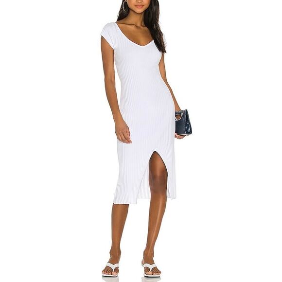 ENZA COSTA Rib Soft V Cap Sleeve Midi Dress Womens Medium White Stretch Slit NEW - Picture 1 of 13